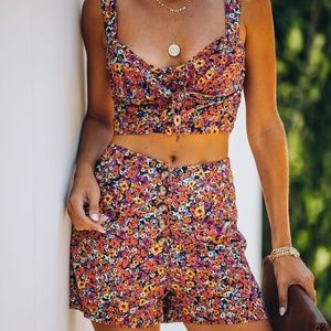 VICI Orange Floral High-waist Button Short Set